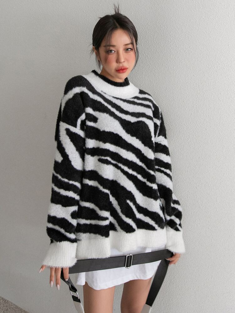 DAZY Zebra Striped Pattern Drop Shoulder Sweater | SHEIN