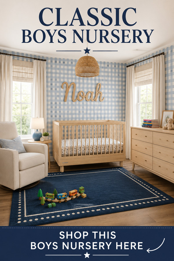 Design a timeless classic boys nursery with soft blue gingham wallpaper, a natural wood crib, matching dresser, cozy nur