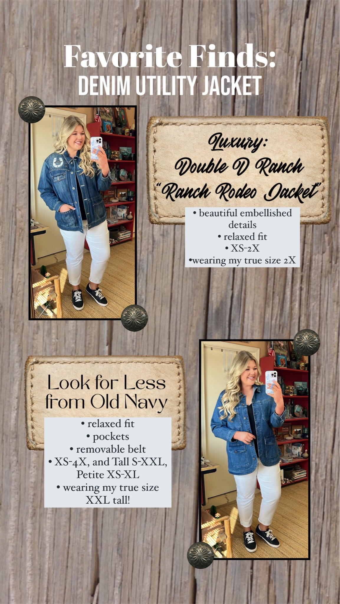 Luxe for Less ~ this is a great affordable find for a denim utility jacket! The Luxe look is by Double D Ranchwear, called the “Ranch Romance” jacket. The look for less is a great option with similar fit and pockets, removable tie waist and can easily be jazzed up to look more western by adding vintage silver and turquoise pins! ***EDIT: I’m always an XXL tall in old navy but that was sold out when I shopped, so I’m actually wearing the 3X regular and it fits great ~ sorry for the mixup on the in-photo text! ♥️

#LTKPlusSize #LTKStyleTip #LTKFindsUnder50