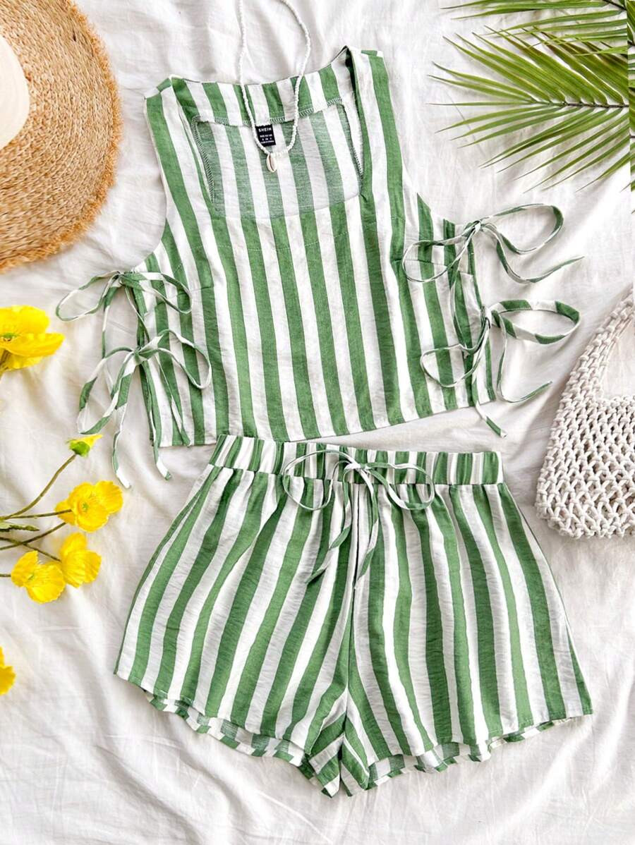 Soleia Women's Resort Style Green & White Striped Side Bow Tie Camisole Top And Loose Casual Shor... | SHEIN