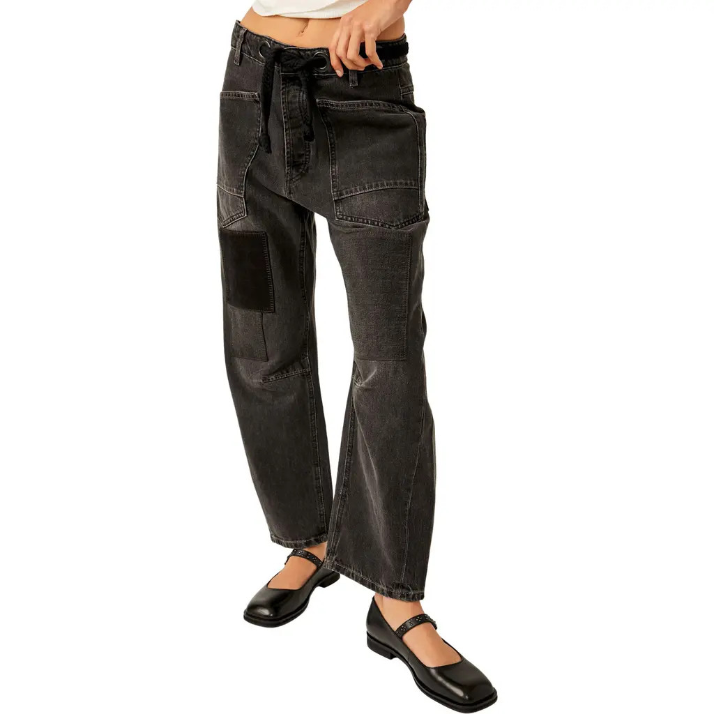 Free People Moxie Low Rise Drawstring Barrel Leg Jeans in Night Hawk 2 at Nordstrom, Size 26 | Nordstrom