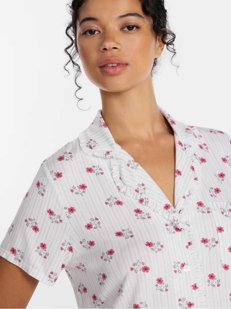 Joyspun Women’s Modal-Blend Ruffle Trim Notch Collar Top and Shorts Pajama Set, 2 Piece, Sizes ... | Walmart (US)