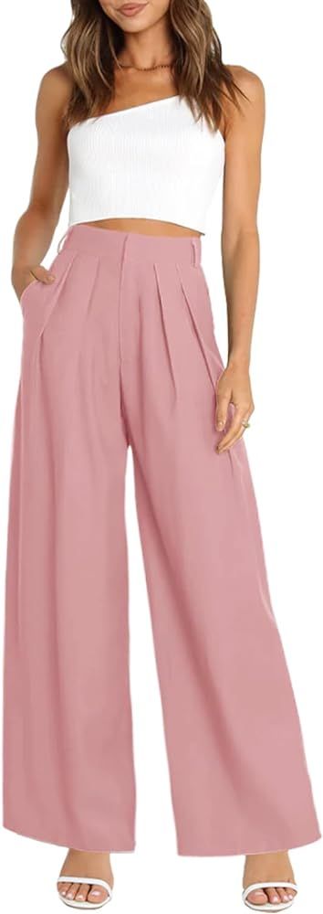 Women's Wide Leg Pants Elastic High Waisted Trousers Business Work Casual Pants with Pockets | Amazon (US)