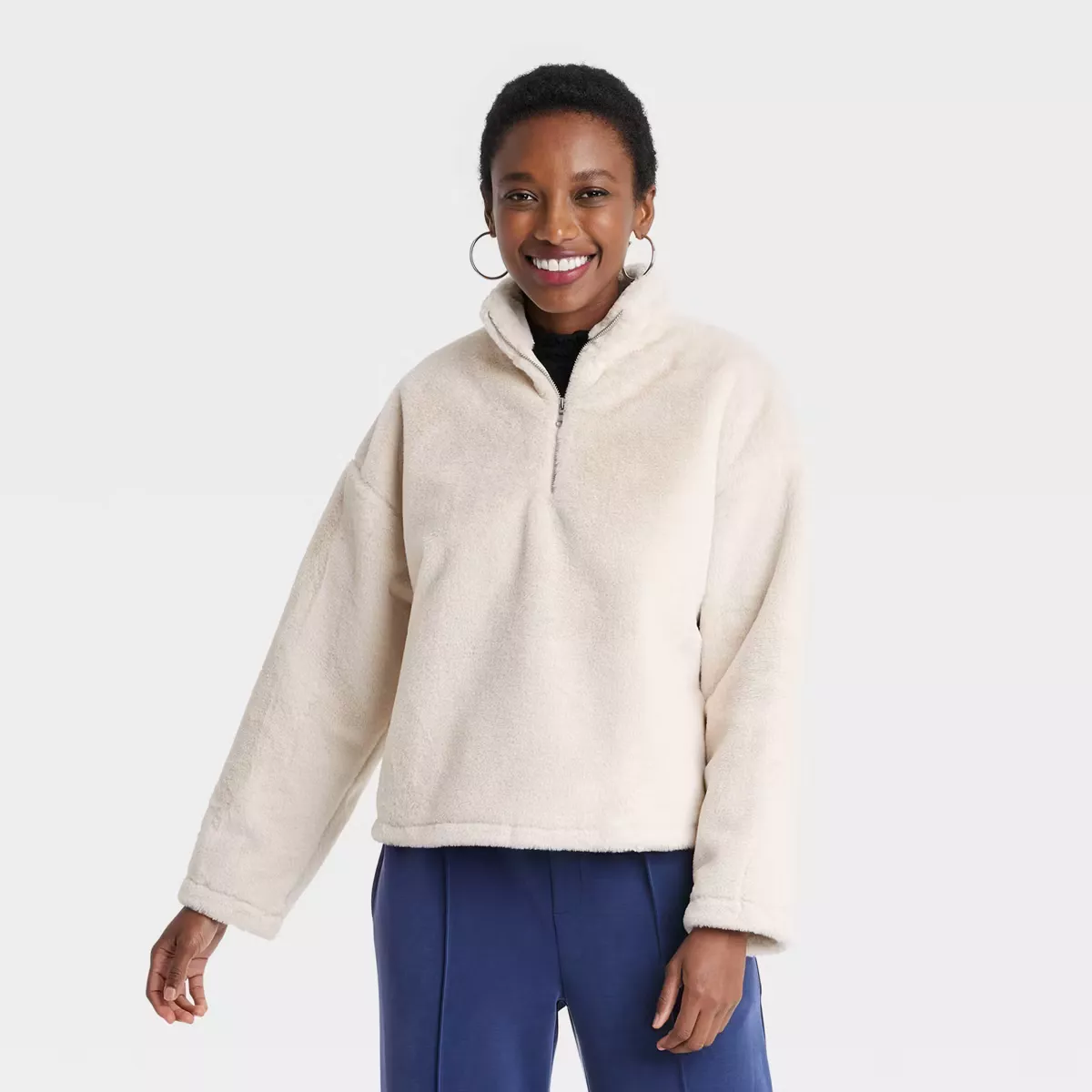 Faux fur half outlet zip pullover