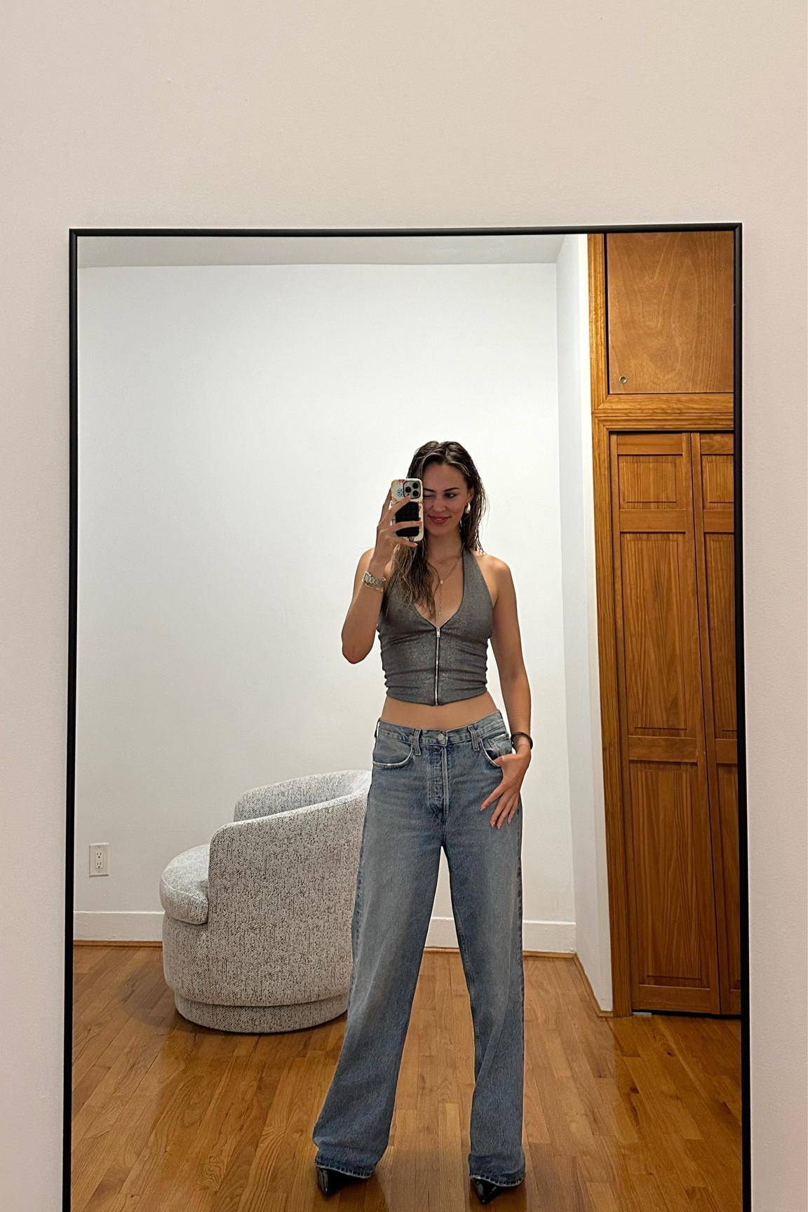 Agolde jeans!! (From Aritzia.) I’ve been wearing these nonstop, got them in a 25, which is pretty much spot on for me. They sit low and are SO LONG- I’m 5’8” and jeans are almost always a little too short but these literally drag lol just so you know 