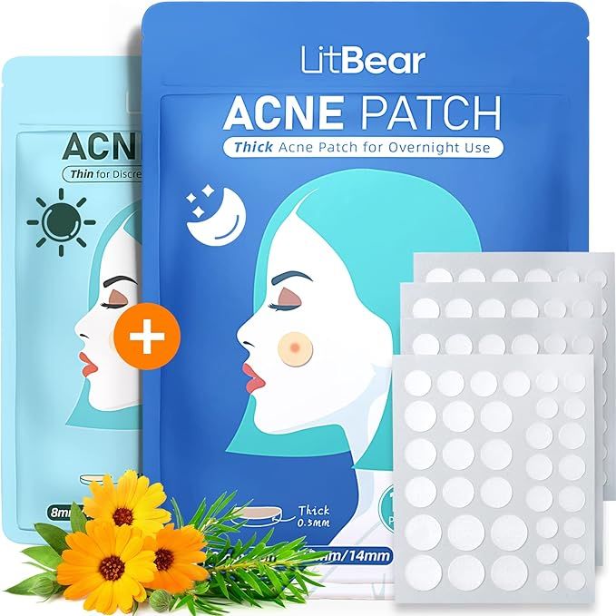 LitBear Acne Pimple Patches- Day and Night 4 Sizes 180 Dots Thin & Thick Hydrocolloid Patches wit... | Amazon (US)