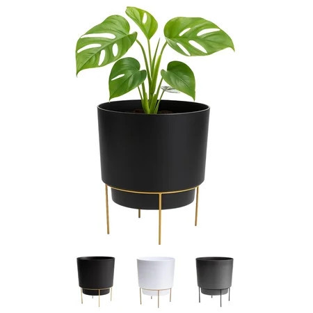Bloem Hopson 14" Plastic Cachepot with Metal Stand - Decorative Indoor Planter with Gold Metal Stand, Black | Walmart (US)