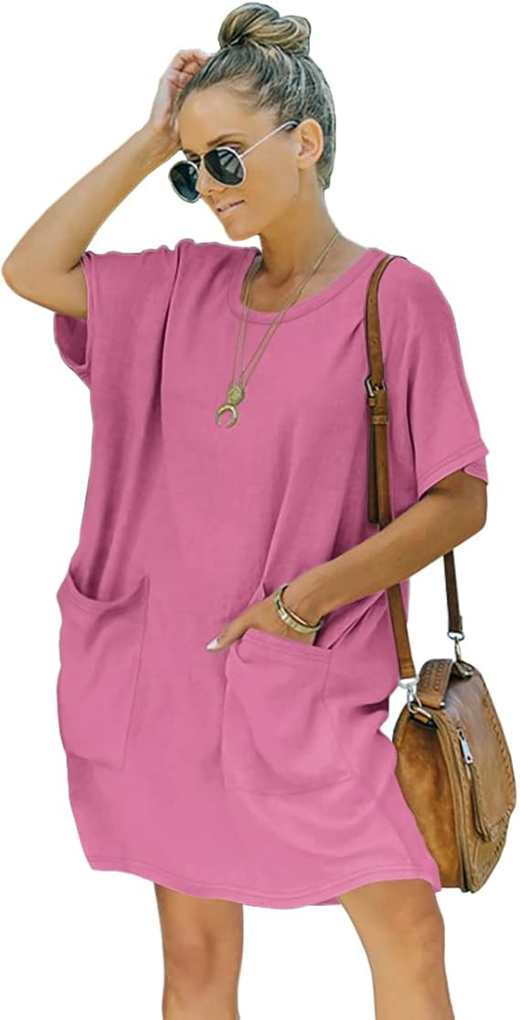 Women’s Casual Summer T Shirt Dress Elastic Loose Short Sleeve Dress with Pocket for Women | Amazon (US)