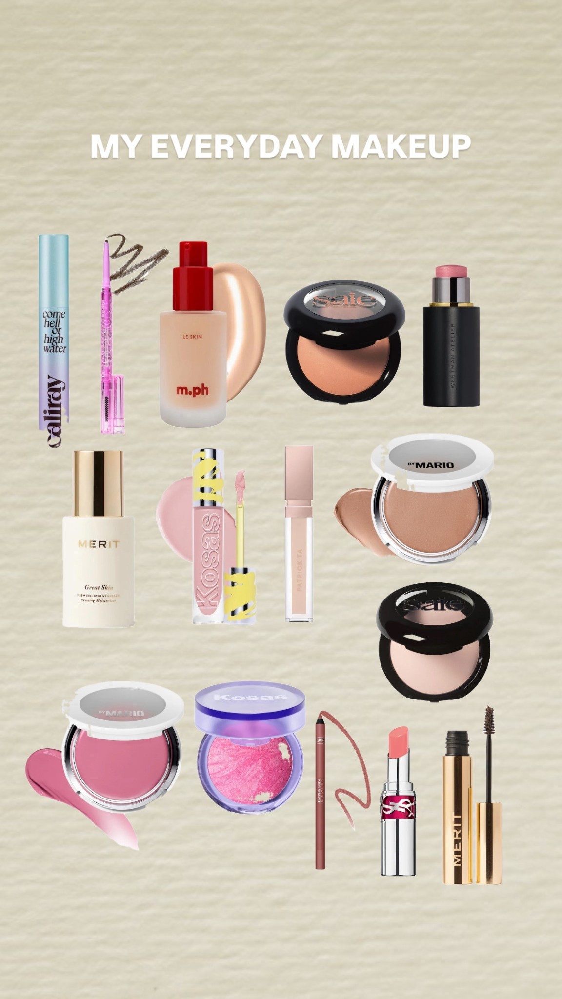 Mascara : brown
Kosas brow pencil: medium brown 
Mph foundation : 20c 
Saie Bronzer: Palemero 
Westman high light : petal
Kosas corrector: magic 
Patrick ta concealer : fair rosy neutral 4
MBM Skin enhancer: light medium 
MBM Blush: perfect pink 
Kosas powder blush: butterflies 
Ysl lip liner : 01 
Ysl candy glaze : 18 
Merit eyebrow gel: dark brown 

#LTKHome #LTKU #LTKBeauty