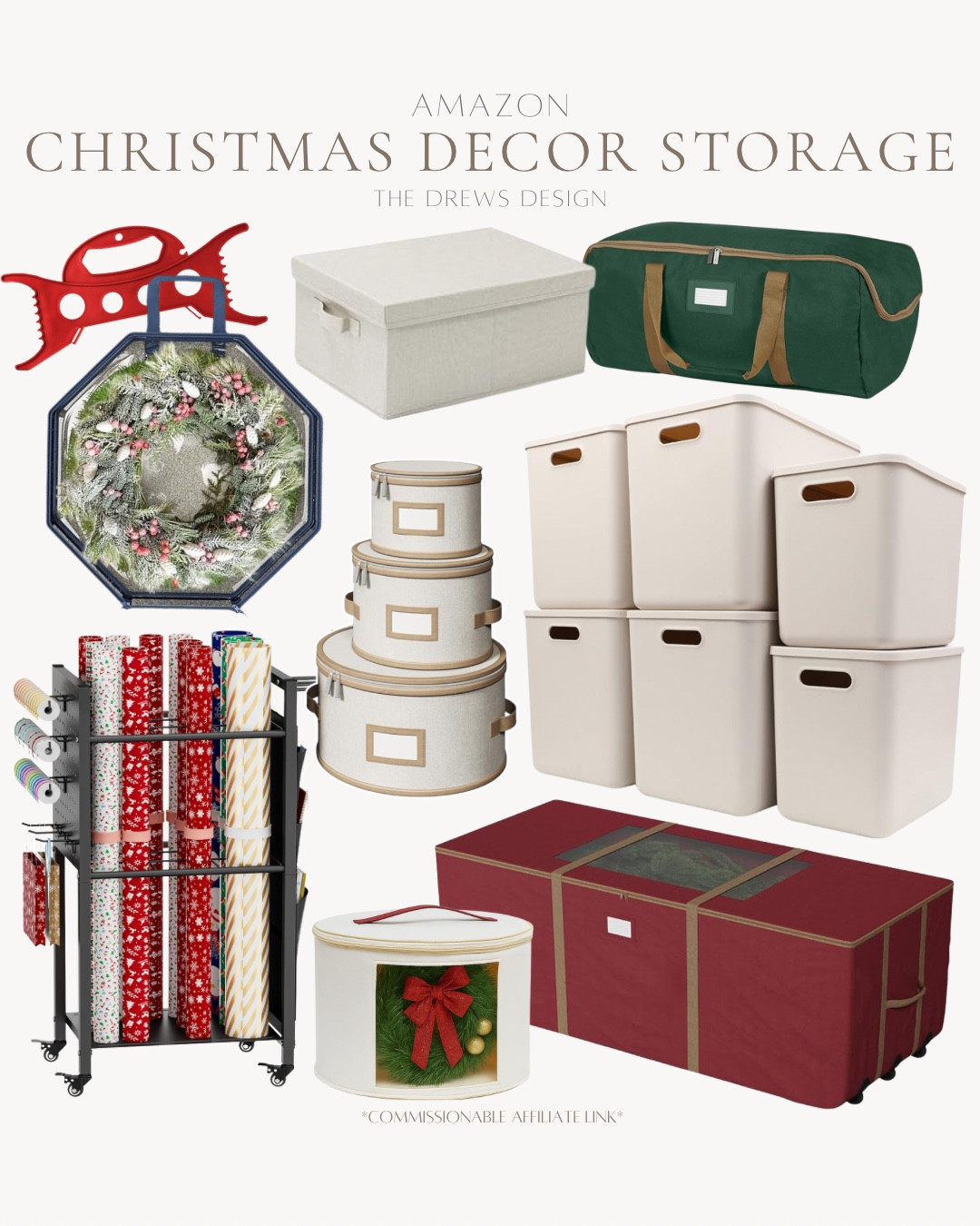 Christmas decor storage includes totes, garland bag, wrapping paper storage, wreath storage, foldable storage boxes, china storage, Christmas tree storage bag, and light storage.

Christmas storage, storage solutions, holiday storagee

#LTKFindsUnder100 #LTKHome #LTKHoliday