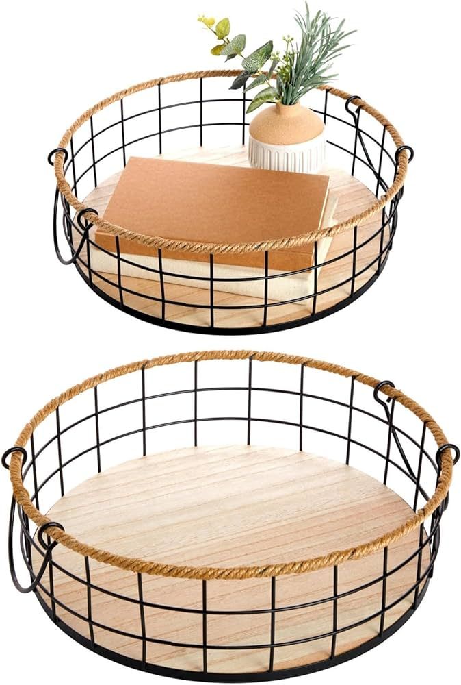 2 Pack Round Wire Baskets with Handles, Metal Storage Trays for Home Decor (2 Sizes) | Amazon (US)