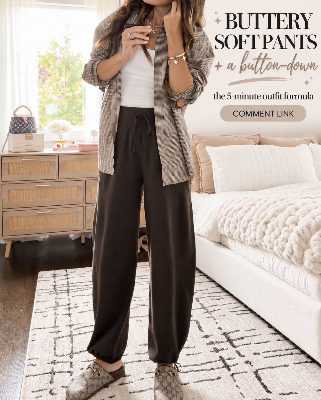 Buttery soft pants + a button-down is one of my favorite five-minute outfit formulas 🤎 So comfy, but still looks pulled together. 
💬Comment LINK and I’ll send you the details!

#LTKootd #LTKmomlife #LTKOver40
