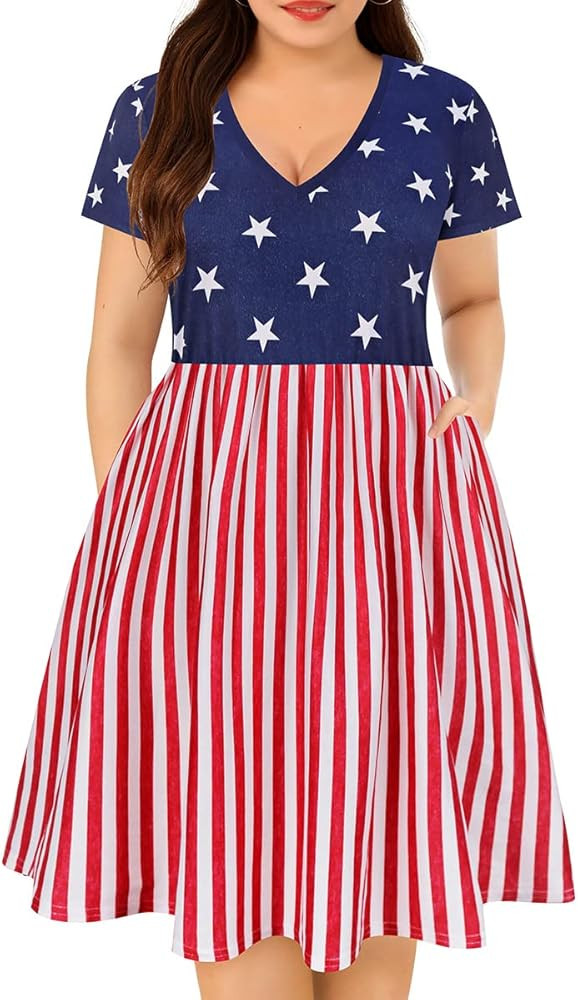 CARCOS Plus Size Dresses for Curvy Women V Neck Short Sleeve Dresses Floral/Striped Summer Boho D... | Amazon (US)
