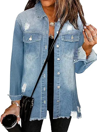 Women's Oversized Jean Jacket Casual Long Sleeve Denim Shirts Distressed Frayed Hem Denim Jackets... | Amazon (US)