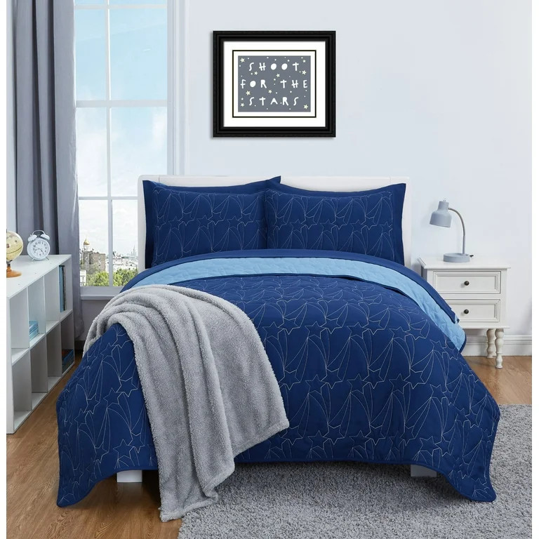 Your Zone Kids Navy Blue and Bright Blue Reversible Quilt Set with Blue Sheets, Stars, Full, 7 Pi... | Walmart (US)