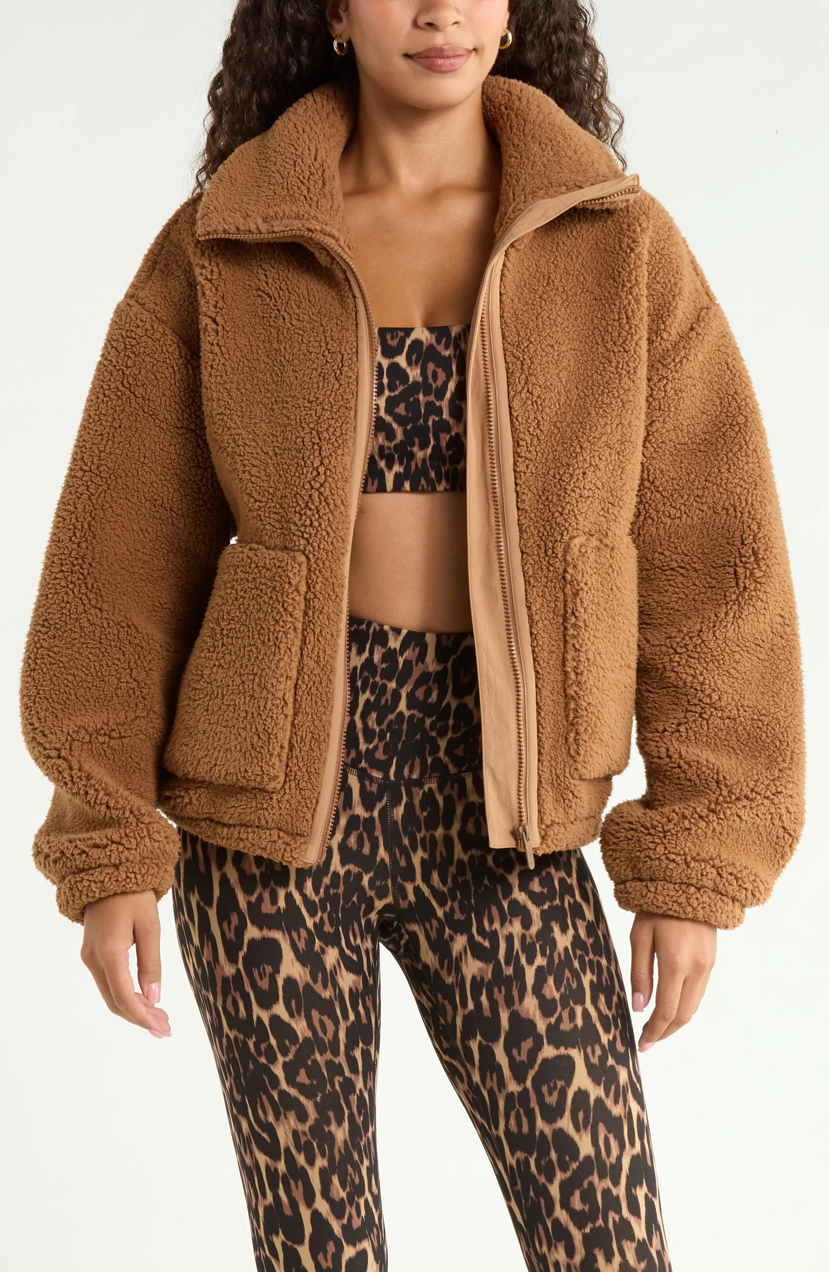 Zella Haven Faux Shearling Zip Front Jacket in Brown Toffee at Nordstrom, Size Large | Nordstrom