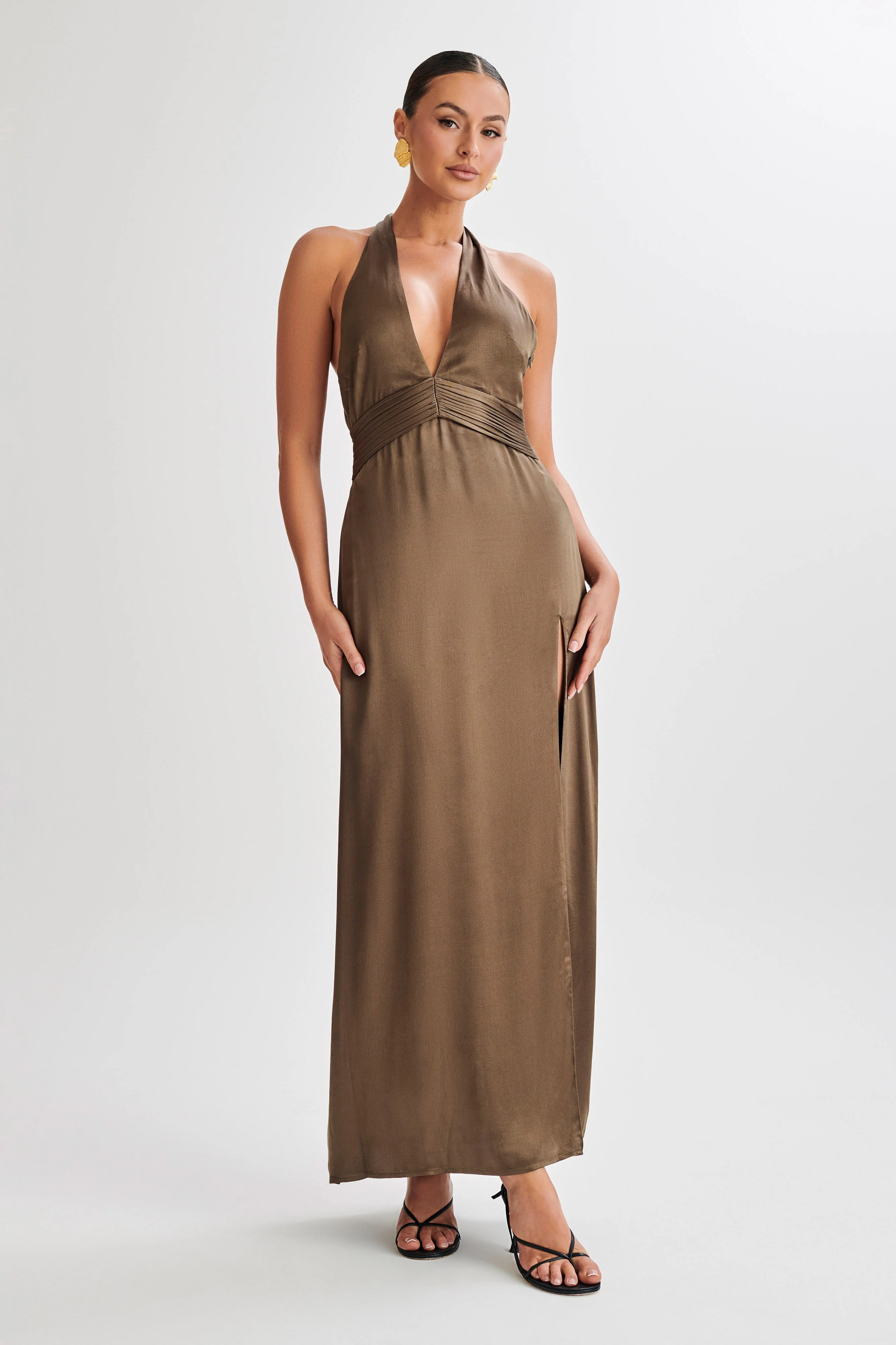 Milana Halter Maxi Dress - Khaki | MESHKI US