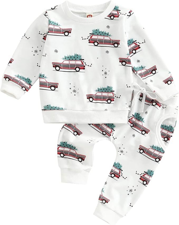 2PCS Baby Girl Boy Christmas Outfit Christmas Tree Car Print Sweatshirt Top Drawstring Pants Fall... | Amazon (US)