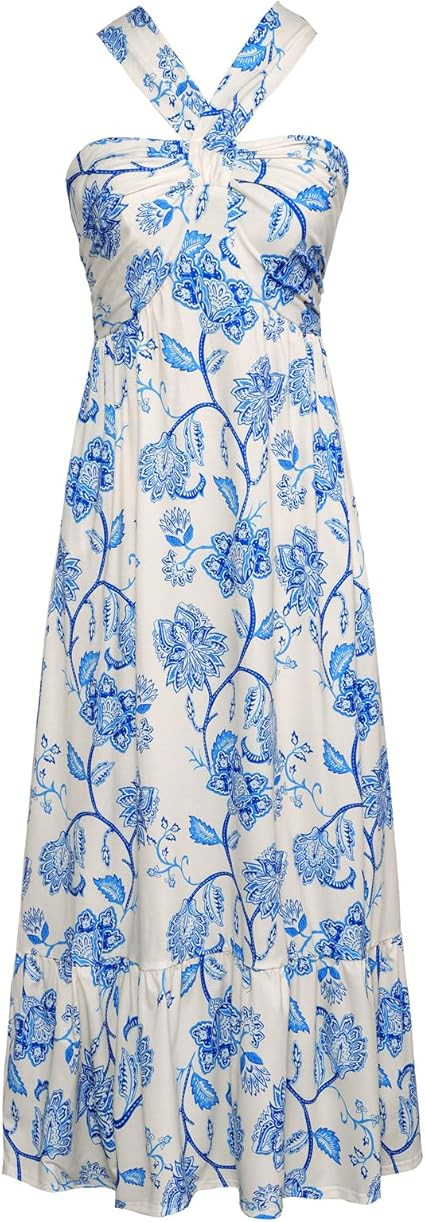 GRACE KARIN 2024 Women's Criss Cross Halter Neck Sleeveless Summer Floral Print Flowy A Line Maxi... | Amazon (US)