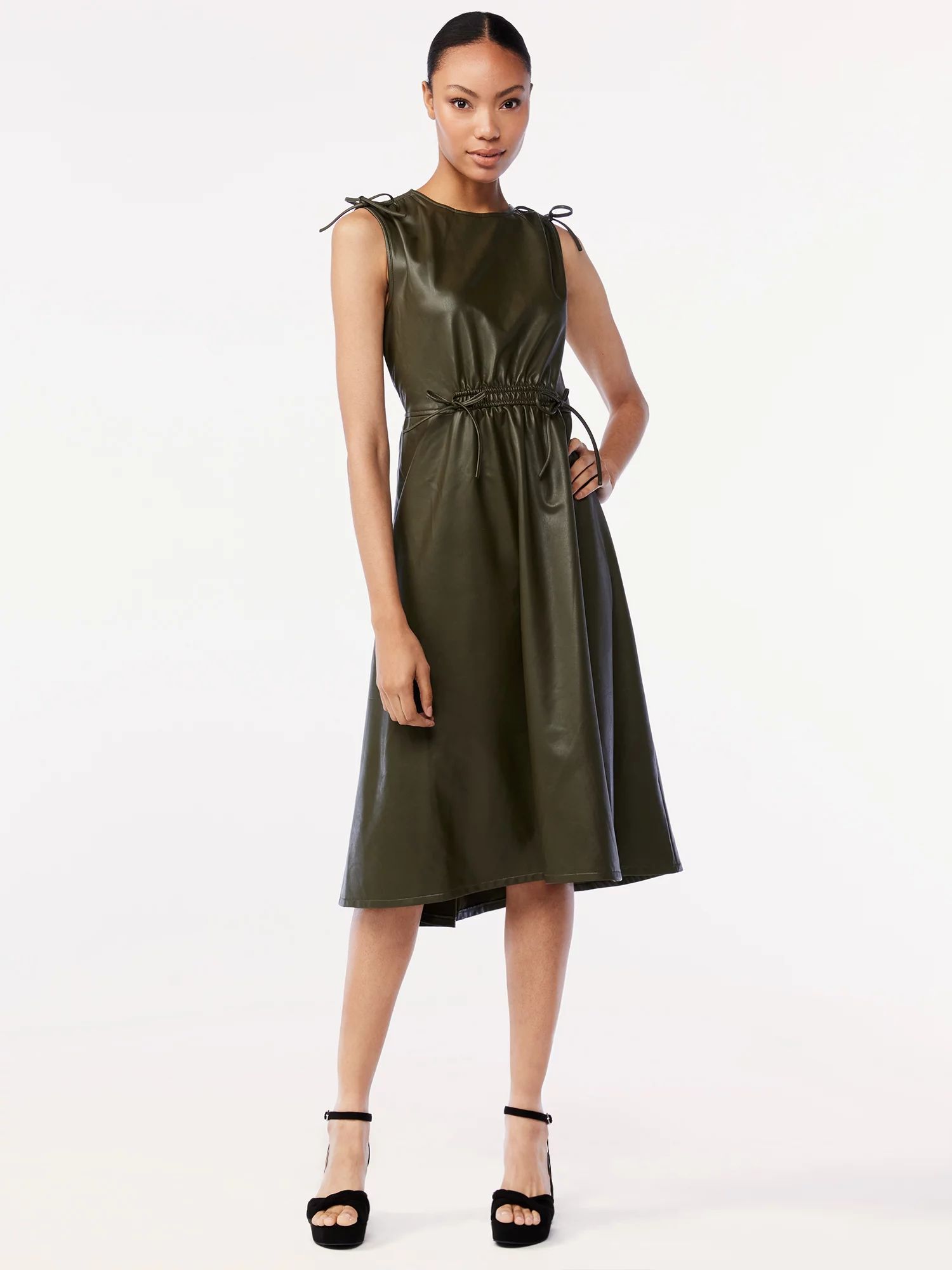 Scoop Women's Faux Leather Midi Dress with Cinched Waist - Walmart.com | Walmart (US)