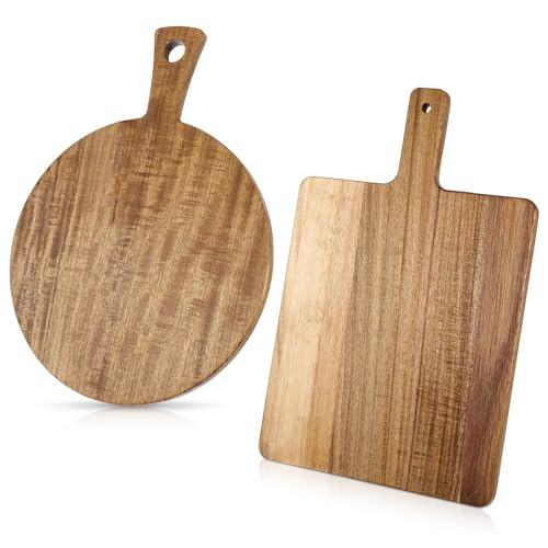 Oqqlin 2 Pcs Acacia Wood Cutting Board with Handle, 15.7‘’ L Round Rectangular Decorative Wooden Cutting Boards Large Charcuterie Board Set for Meat, Bread, Fruit, Pizza, Cheese | Amazon (US)