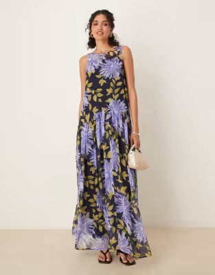 ASOS DESIGN racer neck smock maxi dress in blown up floral print | ASOS | ASOS (Global)