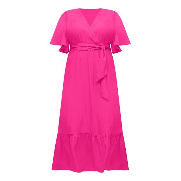 ELOQUII Elements Women's Plus Size Maxi Dress with Flutter Sleeves and Tie Neck | Walmart (US)