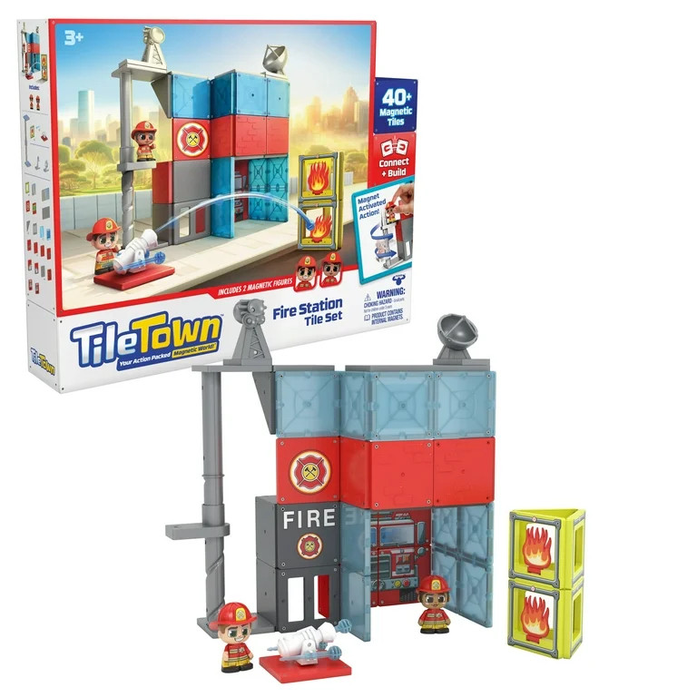 Tile Town Fire House Magnetic Tiles Construction Building Playset + Figures, Ages 3+ | Walmart (US)