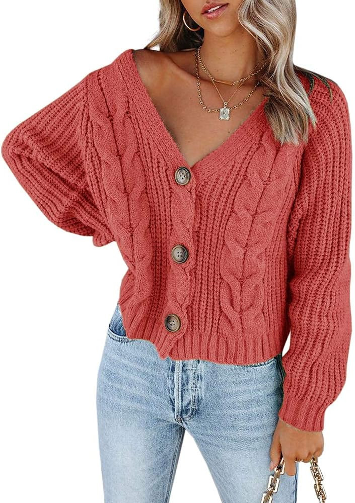 Womens Cable Knit Cardigan Long Sleeve Button Down Sweaters Loose Cozy Chunky Knit Coats | Amazon (US)