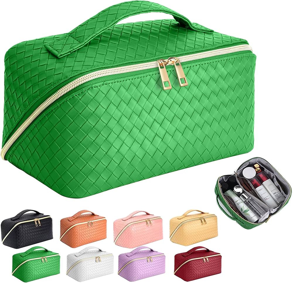 Makeup Bag - Large Capacity Travel Cosmetic Bag, Portable Leather Waterproof Women Travel Makeup ... | Amazon (US)