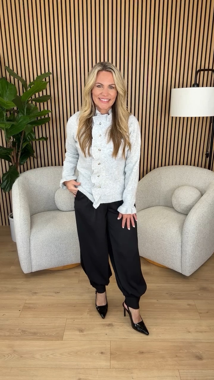 This ruffle trim cardigan adds just the right detail to classic black pants. A great fall outfit for the office, meetings, or dinner after work.

fall cardigan, ruffle cardigan, black pants outfit, fall workwear, office outfit, business casual, neutral fall outfit, workwear style, fall fashion, cardigan outfit, audriedollins

#LTKootd #LTKSeasonal #LTKOver40