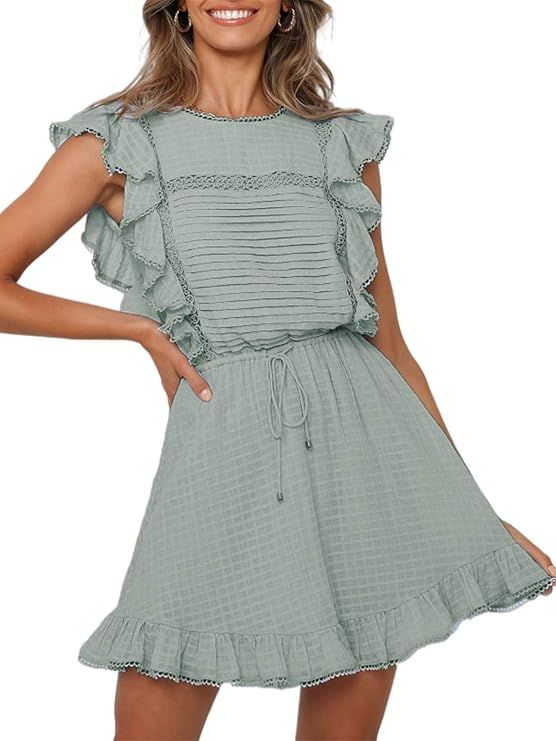Lenmotte Women's Summer Ruffle Backless Mini Dress Tie Back A Line Skater Cotton Short Dress | Amazon (US)