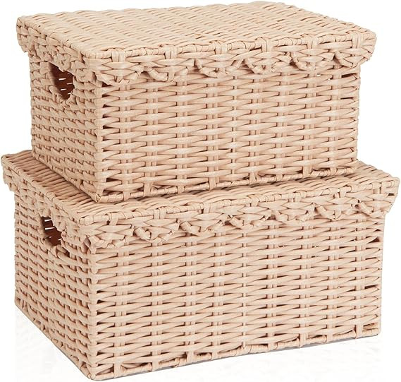 FairyHaus Scalloped Wicker Basket with Lid, Waterproof Storage Basket with Removable Tray Lid Cre... | Amazon (US)