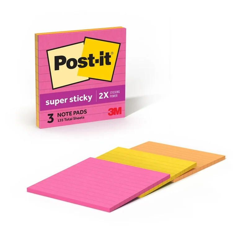 Post-it Super Sticky Notes, Lined, 4 in x 4 in, Assorted Brights, 3 Pads | Walmart (US)