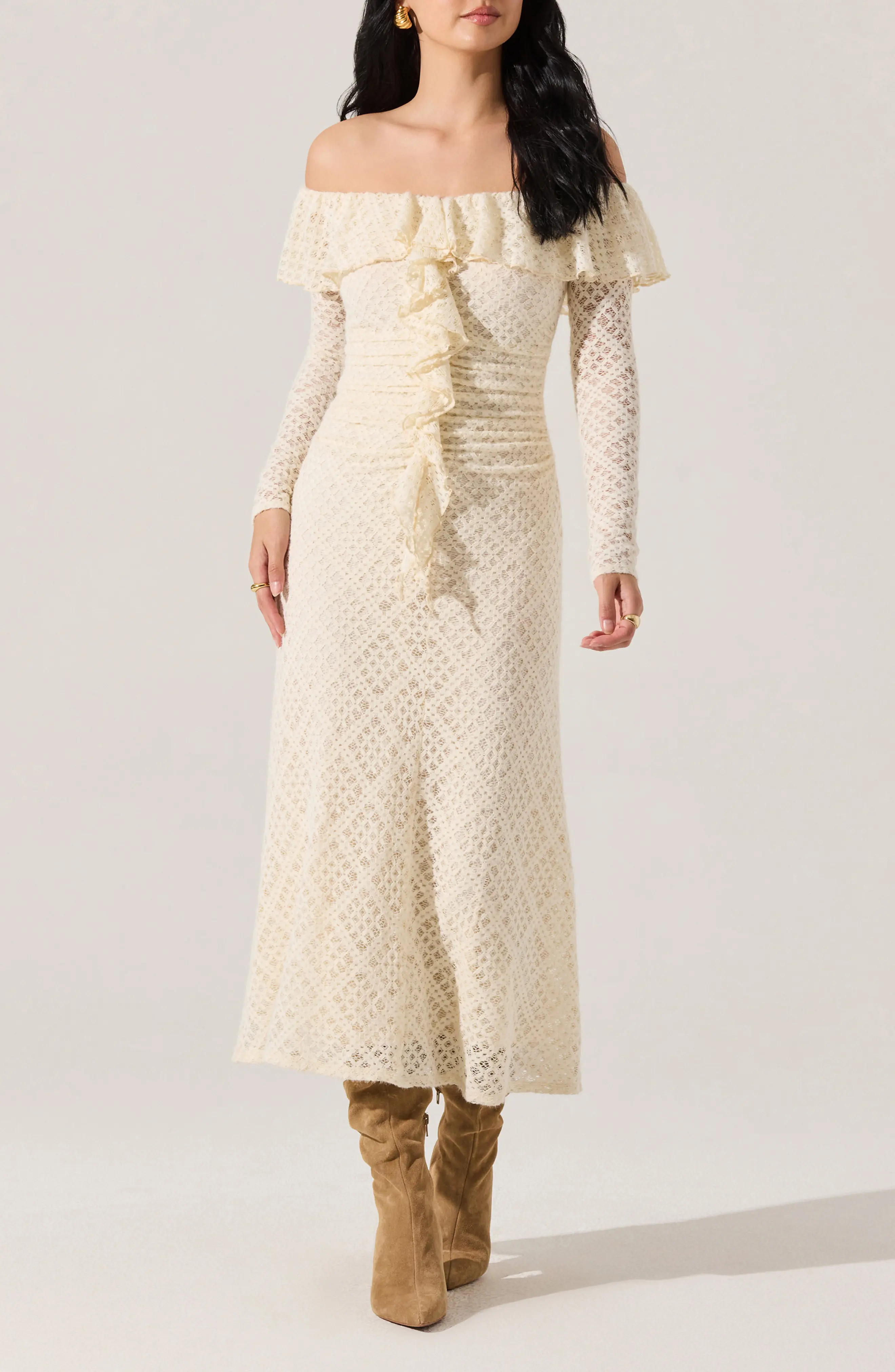 ASTR the Label Dorian Lace Long Sleeve Off the Shoulder Maxi Dress in Cream at Nordstrom Rack, Size Large | Nordstrom Rack