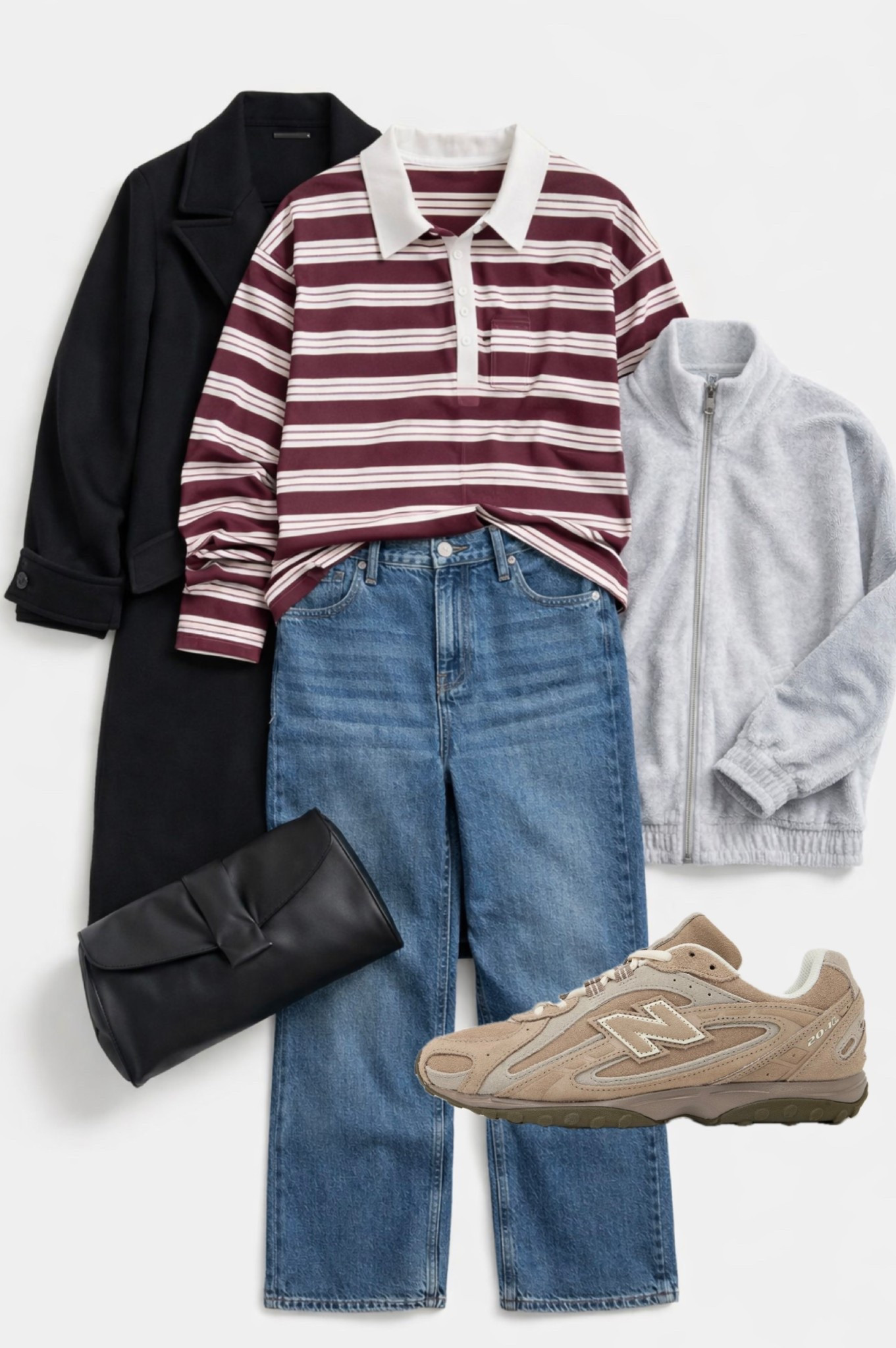Weekend outfit idea
Burgundy rugby top 
Velour grey zip up
New balance 240l mushroom 
Black oversized wool coat 
Black leather clutch bag
White ribbed vest top 
Straight leg jeans 

#LTKstyletip #LTKwinter #LTKuk