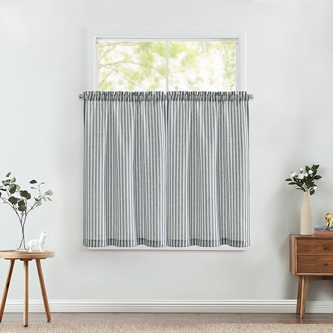 jinchan Kitchen Curtains Striped Tier Curtains Ticking Stripe Linen Curtains Pinstripe Cafe Curta... | Amazon (US)