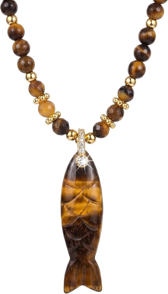 Natural Tiger Eye Fish Pendant Beaded Necklace for Women & Men | Amazon (US)