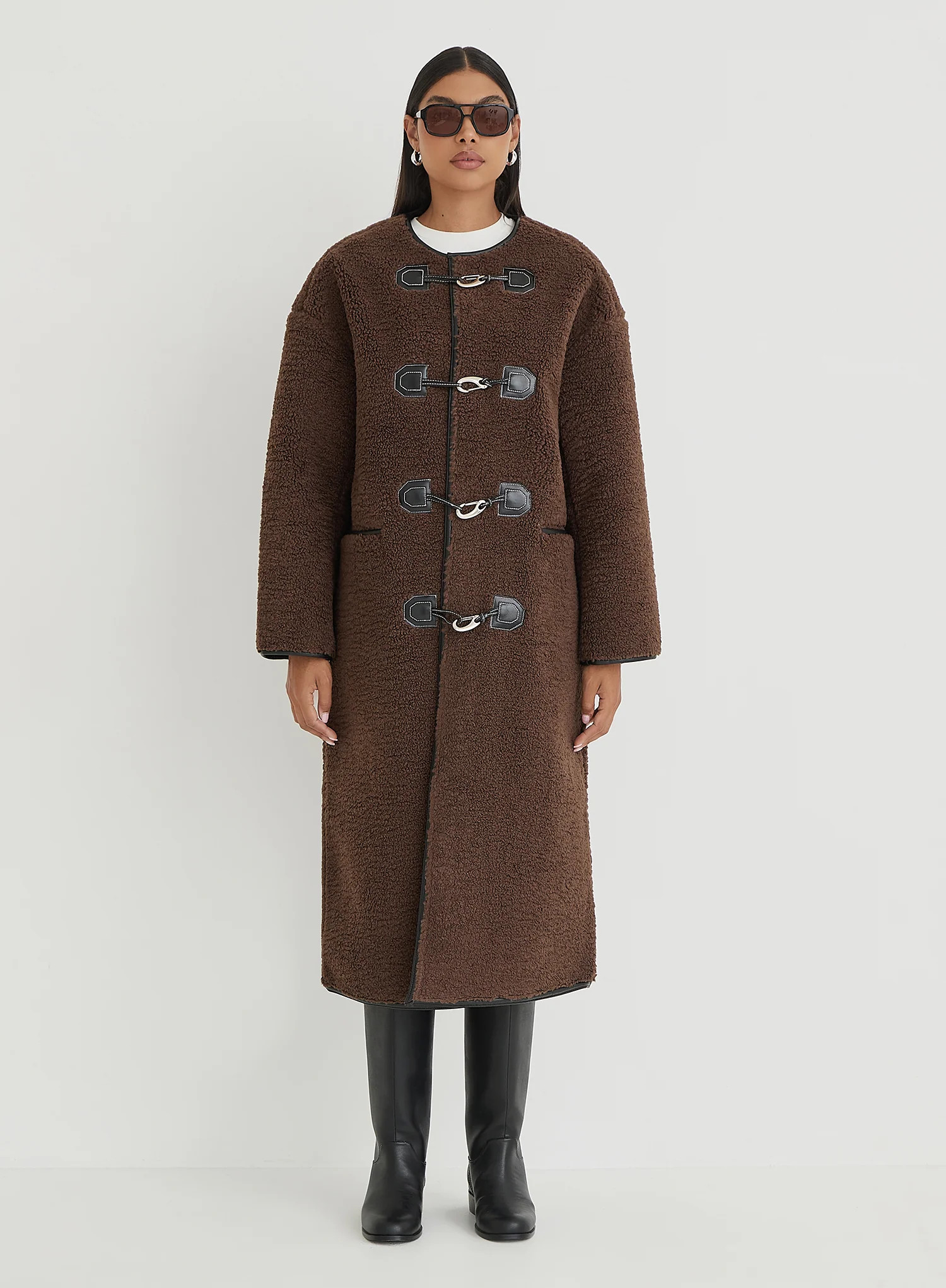 Brown Faux Shearling Longline Oversized Coat- Heyworth | 4th & Reckless