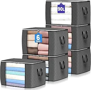 90 L Large Storage Bags, 6 Pack Clothes Storage Bins Foldable Closet Organizers Storage Container... | Amazon (US)