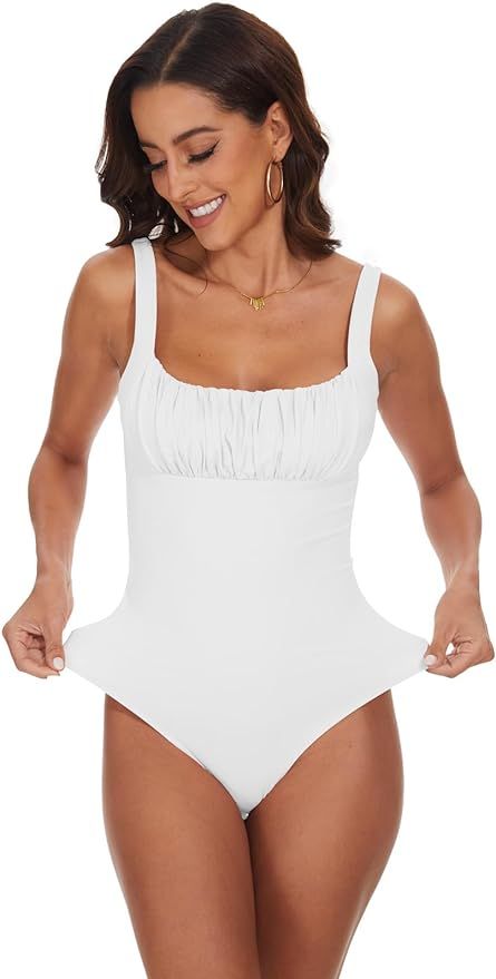 BEJONS Women's Sexy Square Neck Ruched Bodysuit Sleeveless Double Lined Tank Tops | Amazon (US)