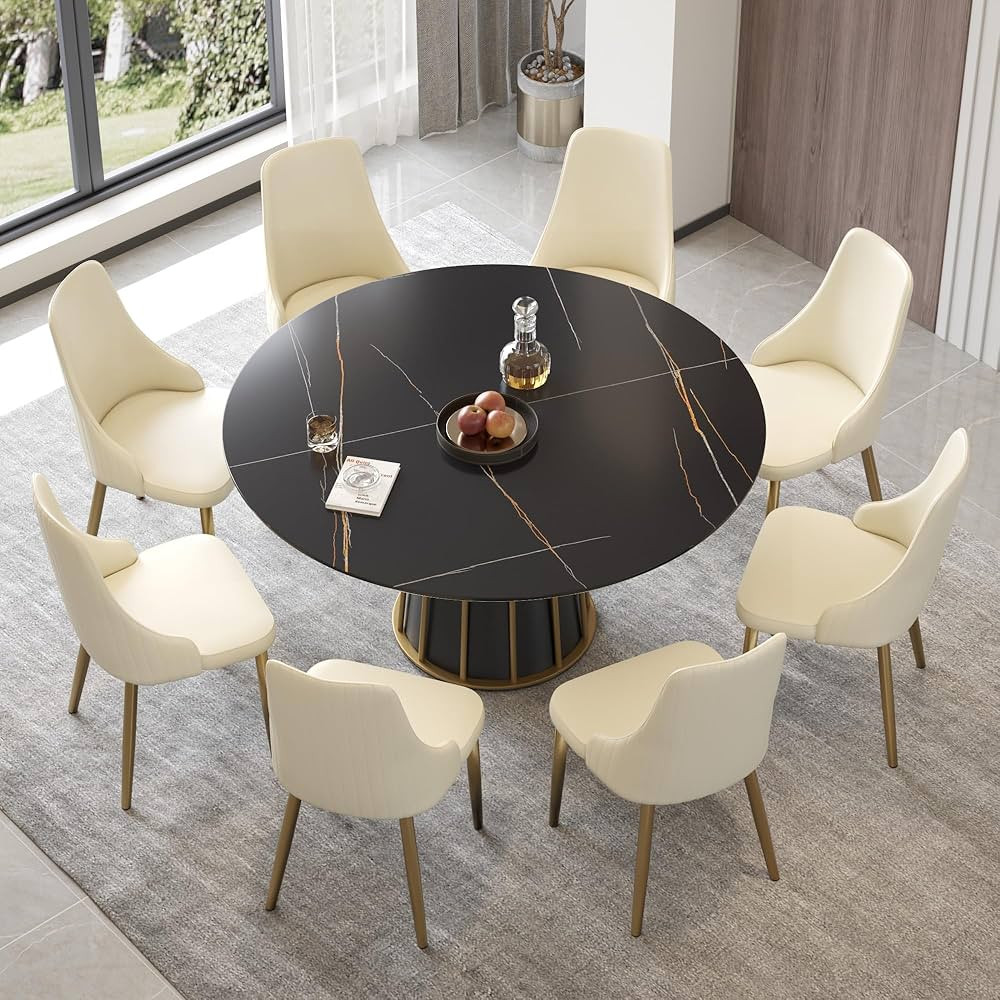 59'' Round Marble Dining Table for 4-6,Mid-Century Black Sintered Stone Top Kitchen Table with Me... | Amazon (US)