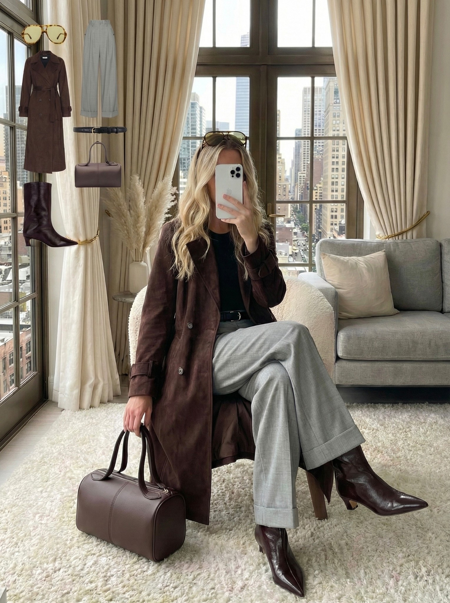 Brown suede trench coat and grey trousers outfit 🤎🩶

A sophisticated workwear look that plays with rich textures. Styling this trending brown suede trench coat over classic grey tailored trousers creates a chic, modern color palette. Finished with burgundy patent boots for a sleek, polished touch.

Style Details:
• Brown suede trench coat (Belted style)
• Grey wide-leg trousers (Cuffed hem)
• Black crewneck top with leather belt
• Burgundy patent leather ankle boots
• Dark brown barrel bag
• Retro aviator sunglasses

Recreate this polished city style with the similar links below!

Do you like mixing brown and grey together? Yes or No? 👇#LTKstyletip


#LTKHoliday #LTKgrwm #LTKootd