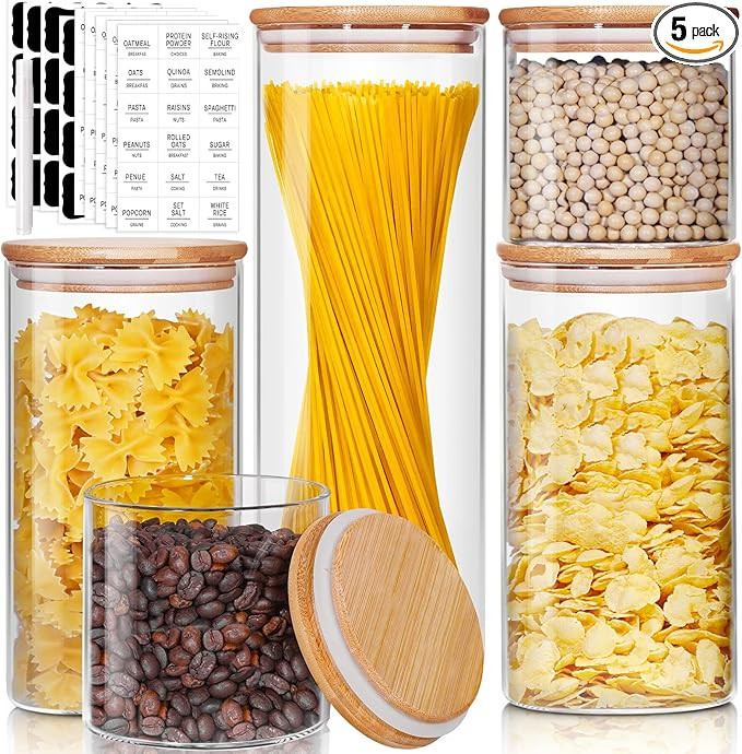 Glass Jars with Bamboo Lids [Muti Size Set of 5], Glass Canisters with Airtight Lids, Glass Food ... | Amazon (US)