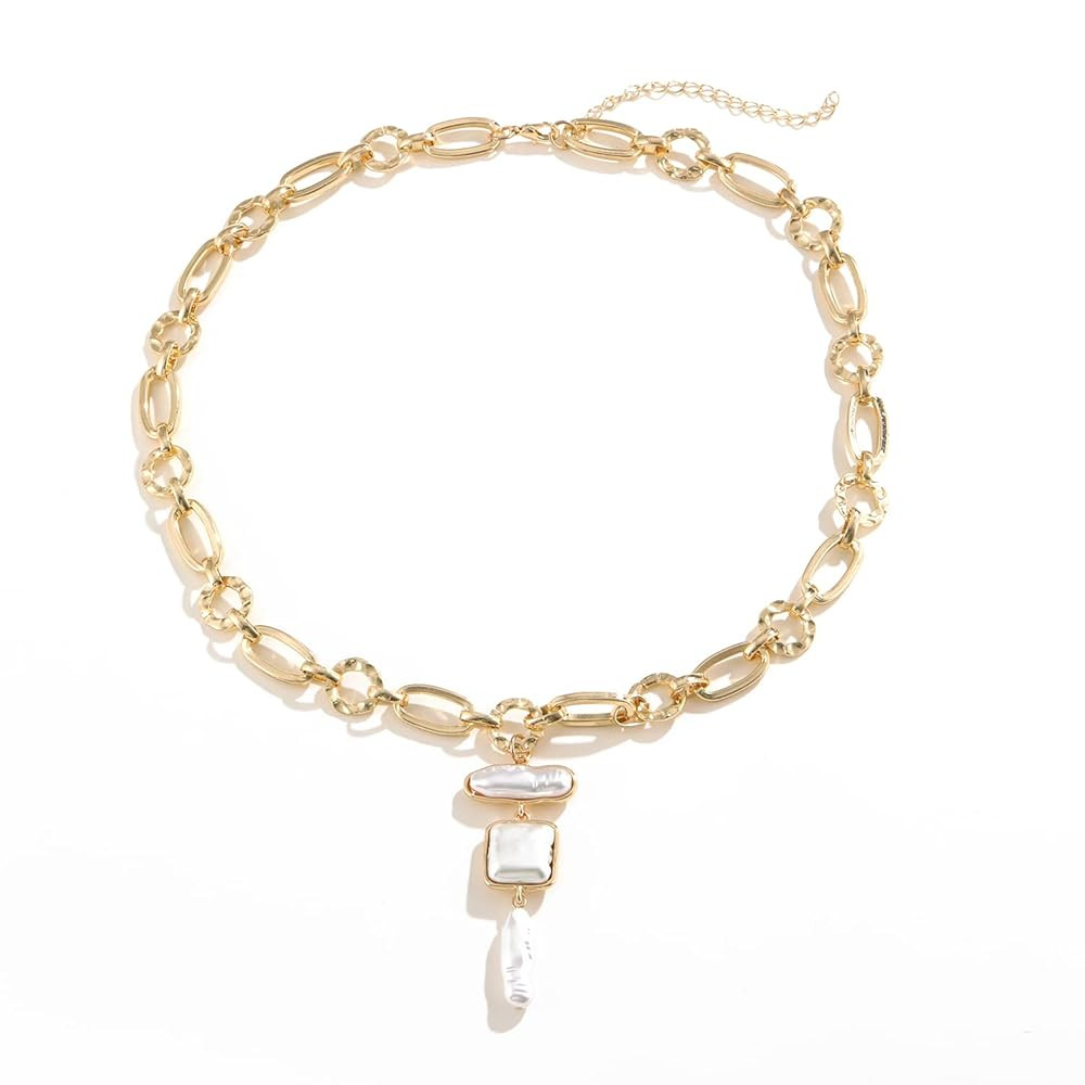 Statement Pearl and Chain Necklace,Mixed Chain and Trendy Organic Pearl Choker,Chunky Necklaces f... | Amazon (US)