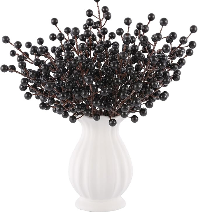 40 Pcs Artificial Berry Stems Branches, Halloween Black Faux Holly Berries Picks Ornaments for Ch... | Amazon (US)