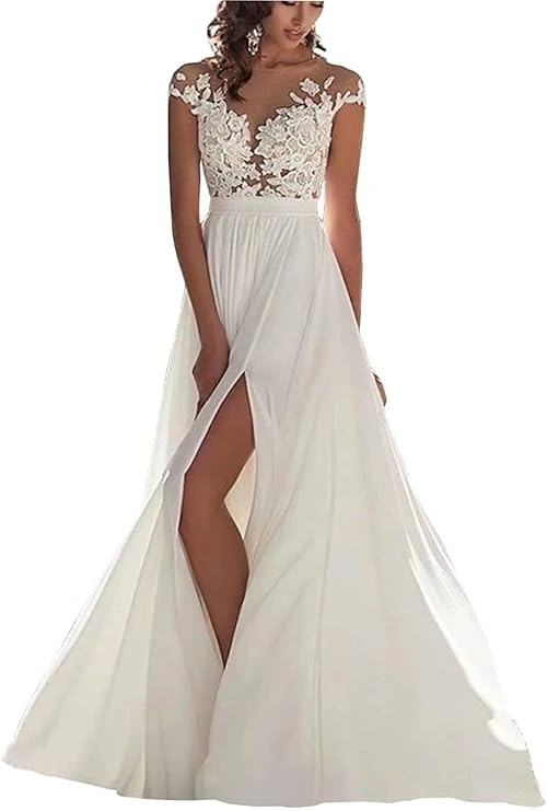 Lace Beach Wedding Dresses for Bride 2022 with Sleeves Long Train Boho Split Sheer Beach Bridal Gown | Amazon (US)