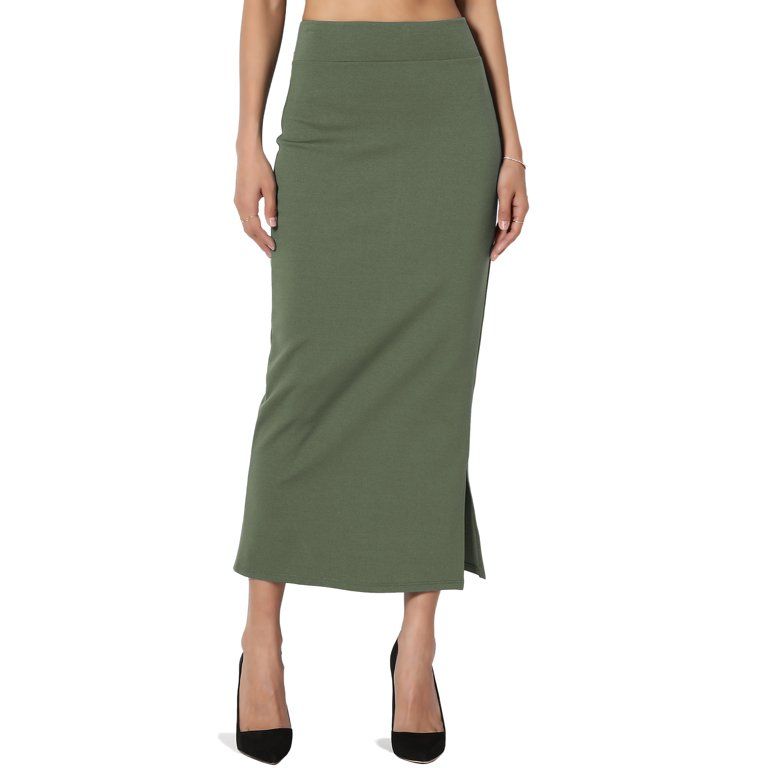 TheMogan Women's S~3X Side Slit Ponte Knit High Waist Mid Calf Long Pencil Skirt - Walmart.com | Walmart (US)