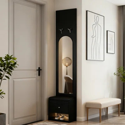 19.69" Modern Simple Black Entryway Coat Rack with Mirror, Shoe Bench & LED Lighting | Wayfair North America