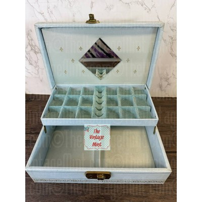 Vintage 50s-60s Jewelry Box Blue Gold Accent Designs Velvet Lining Mirror | eBay US